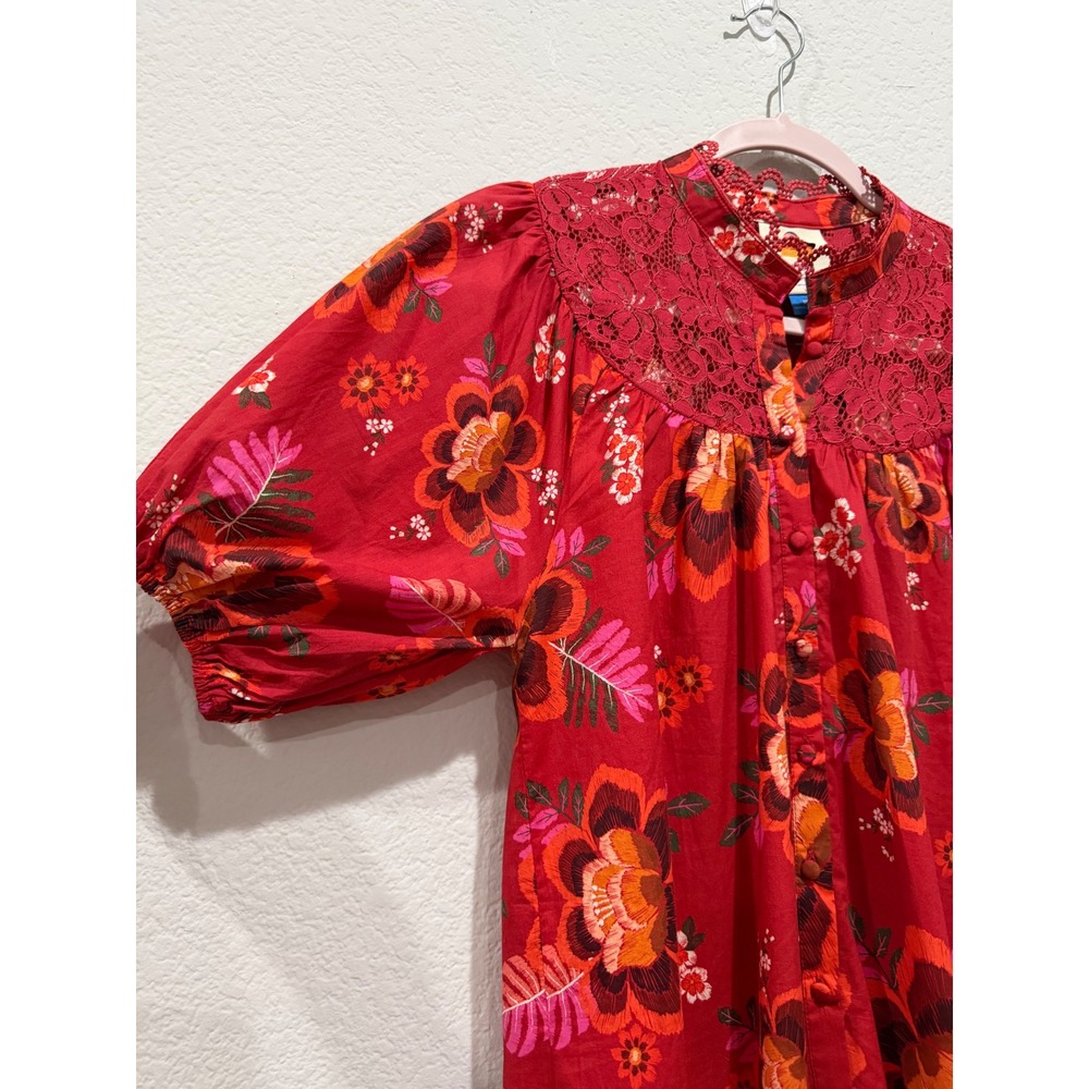 Farm Rio Floral Lace Blouse Red XS Puff Sleeve Button up Boho Lightweight Cotton - Picture 6 of 11